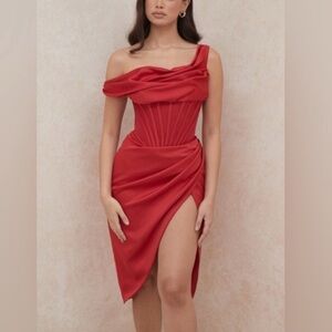 House of CB Lulu Corset One-Shoulder Satin Midi Dress Red Size Large Plus
